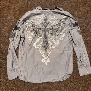 Roar XXXL Gray Black Embroidered Striped Long Sleeve Button-Up Shirt